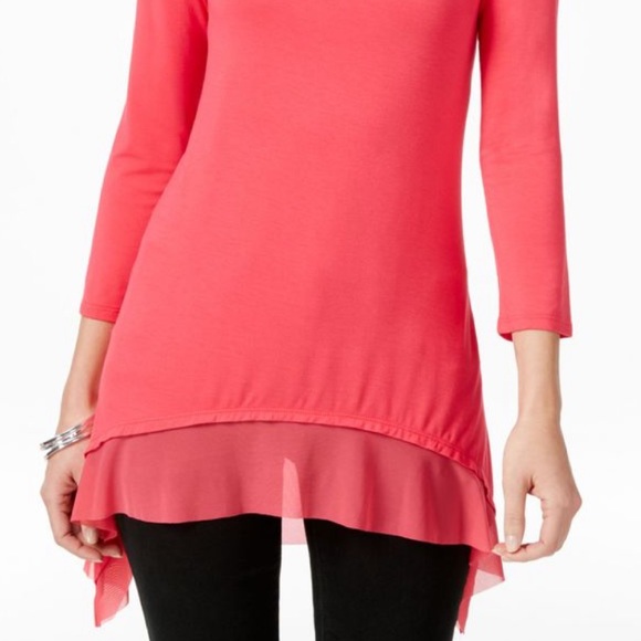 Cable & Gauge Embellished Neckline 3/4 Sleeve Azalea Pink Layered Mesh Hem Tunic - Picture 8 of 9